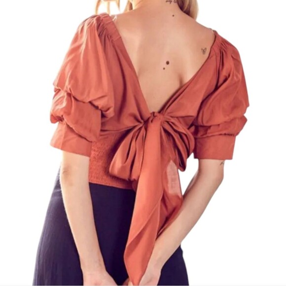 Vestique Top Burnt Orange V Neck Puffed Sleeve Pleated Tie Back Fairy Corset S - Picture 3 of 16